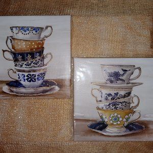Wall Art Set of 2 Unframed CANVASES, STACKED TEA CUPS ON SAUCERS (BLUE & WHITE)
